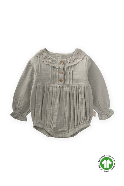 Eyelet Embroidery Collared Transitional Organic Muslin Bodysuit 0-2 Years Water Green