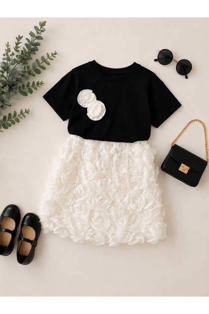 Girl's Cotton T-Shirt and Lined Skirt Stylish Set (3-10 Years)