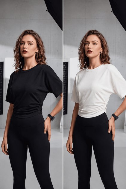 Women's Draped Waist-Fitted Short Sleeve T-Shirt 2 Pieces Ecru&Black
