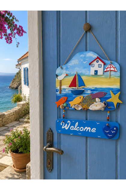 Deniz Esintili Ahşap Kapı Süsü – Welcome Tasarımı (35x40 cm)