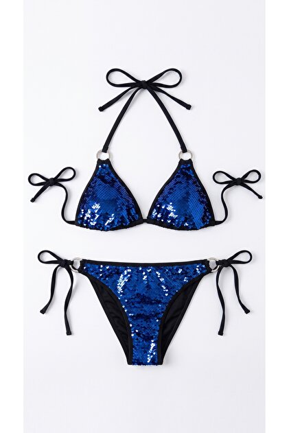 Siyah Mavi Pul Payetli Üçgen Bikini Takımı