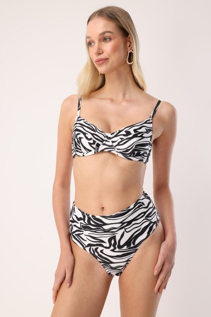 Zebra Desenli Balenli Askılı Siyah Beyaz Kadın Bikini Üstü - Savanna