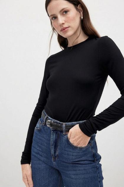 Women's Black Long Sleeve Crew Neck T-Shirt Blouse Body Ribbed