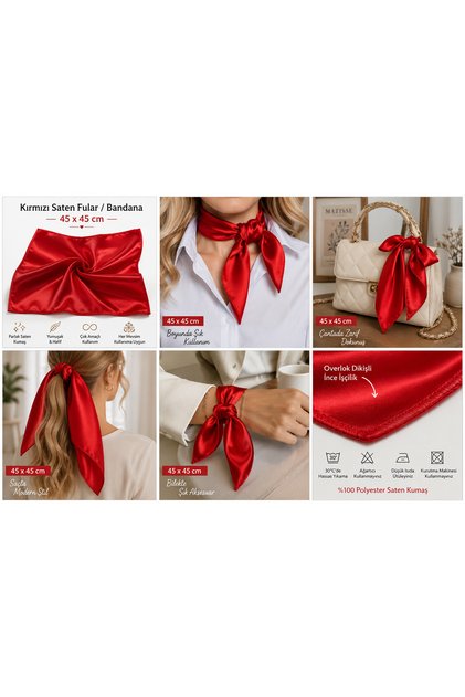 Kırmızı saten Fular Bandana 45 x45 cm