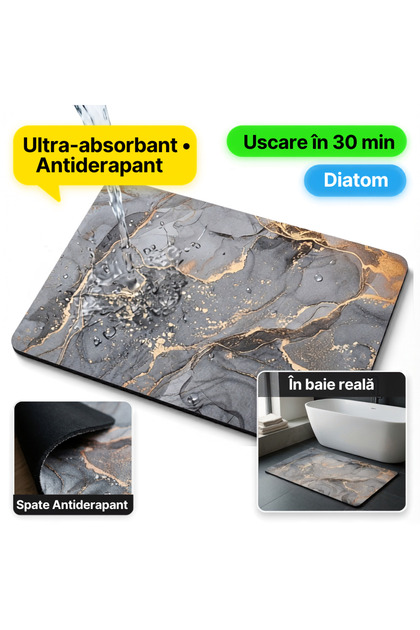 Covor pentru baie universal, Jaskus®, silicon și spumă de diatomee, ultra absorbant, antialunecare, 50x80 cm, marmură