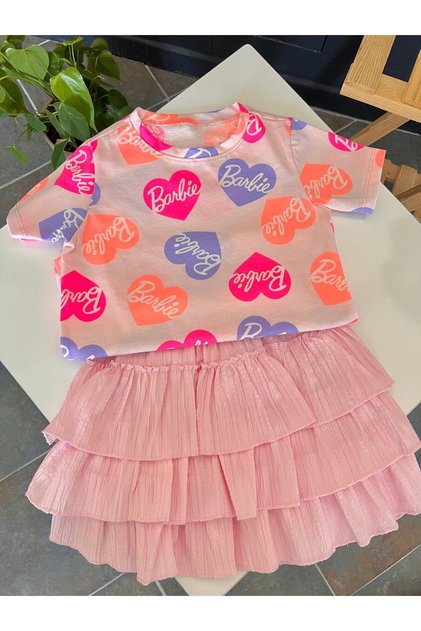 Girl's Baby Printed Heart Patterned T-Shirt and Layered Ruffled Pink Skirt Set Summer Two-Piece Combination