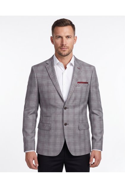 Men's Light Gray Burgundy Plaid Patterned Jacket | Viscose Blend Fabric