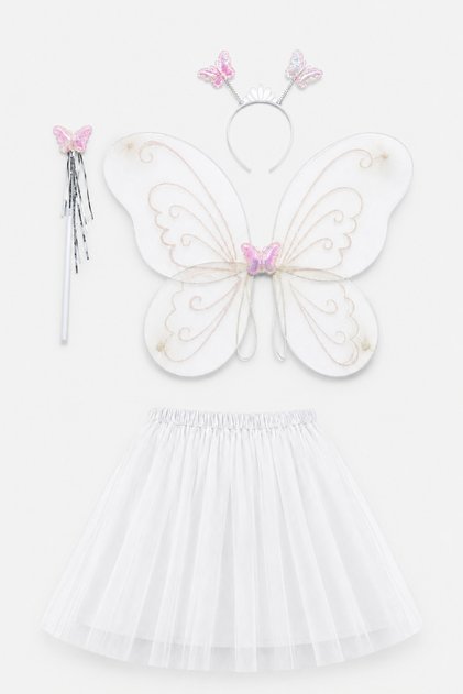 White Butterfly Costume Set - Tutu Skirt, Wings, Crown and Wand | Girl's Party and Show Accessory