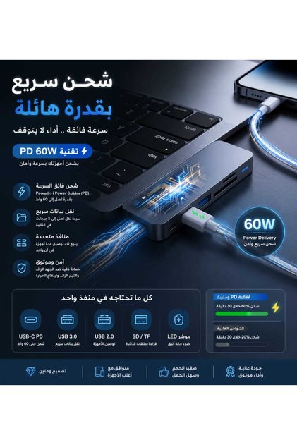 محول يسيدو HB10 المغناطيسي 6 في 1، منفذ USB-C إلى HDMI وUSB 3.0، قارئ بطاقات SD/Micro SD، متوافق مع أجهزة ماك بوك والأجهزة اللوحية، نقل بيانات عالي السرعة، تصميم أنيق باللون الفضي