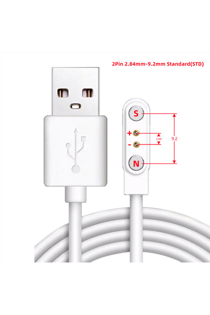 كابل شحن مغناطيسي أبيض 2.84-9.2 مم STD بـ 2 و4 و5 دبابيس من USB إلى Pogo Pin للساعات الذكية وسماعات الأذن