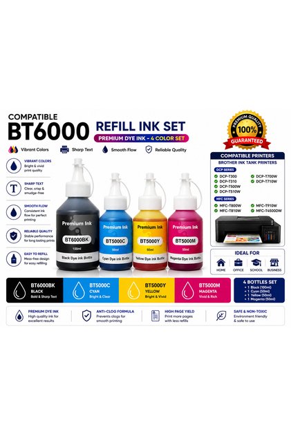 حبر BT6000 BT5000 المتوافق الممتاز لخزان حبر Brother رباعي الألوان