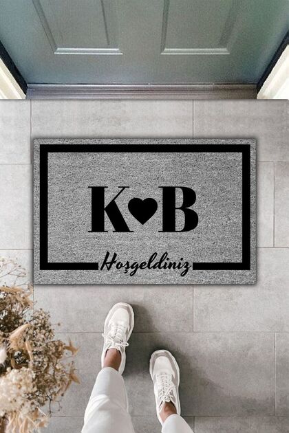 Modern Dijital Baskı Paspas - Gri Kişiye Özel Tasarım 70x45cm - Yeni Evlenecekler Kapı Önü Paspası