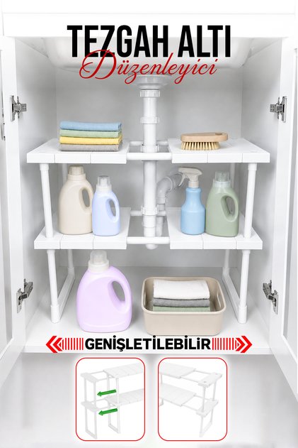 2 Katlı Ayarlanabilir Genişletilebilir Tezgahaltı Düzenleyici Raf Banyo Mutfak Organizer Deterjanlık