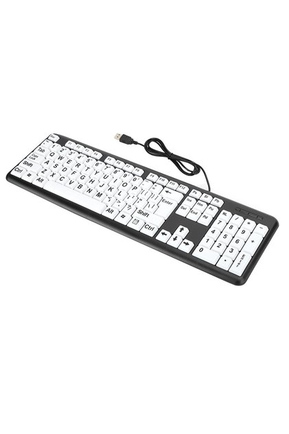 WHITE Black Low Vision Keyboard USB Wired Old People Keyboard with White Large Print Keys Old People