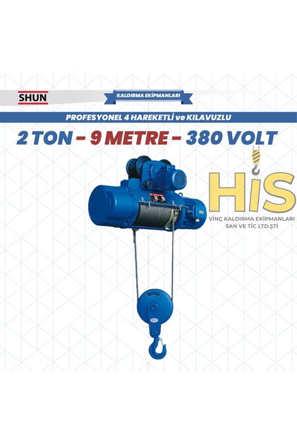 2 Ton 9 Metre Kılavuzlu 4 Hareketli Elektrikli Halatlı Tavan Vinci (380V)