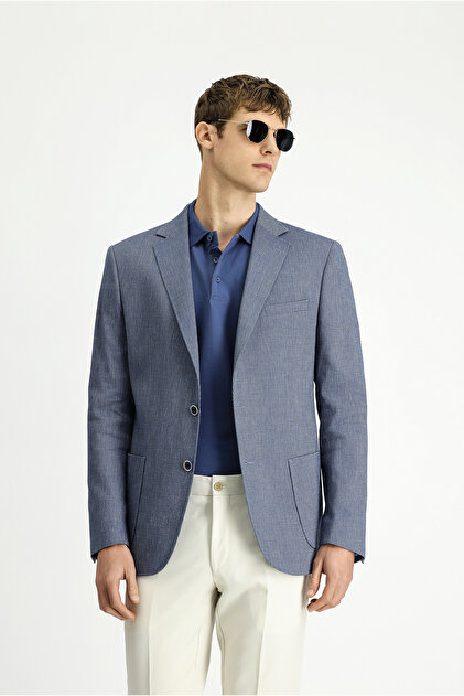 8 Drop Muscle Fit Long Athletic Cut Linen Blended Striped Sports Jacket