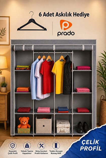 Prado Tokyo Çok Raflı Çelik Profilli Bez Dolap (6 Askılık Hediye)