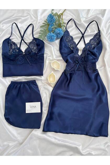 Women's 3-Piece Satin Nightgown Shorts Dowry Set