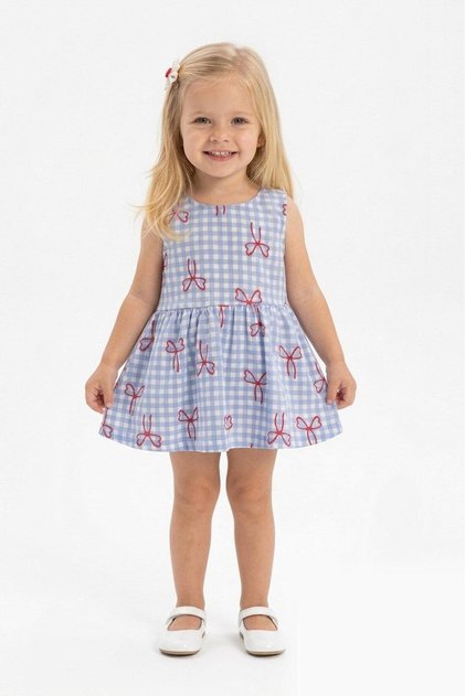 Girl's Ribbon Patterned Blue Color 100% Cotton Summer Dress