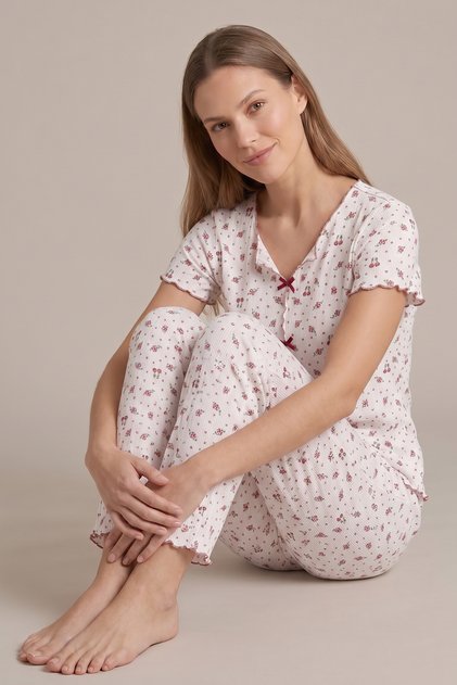 Buttonless Soft Short Sleeve Ribbon Patterned Alaçatı Summer Pajama Set Dusty Rose