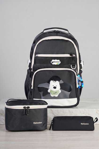 Relaxion 1920 Primary School Boys' Black School Bag Set of 3 - with Lunch Bag, Pen Holder, and Plush Keychain