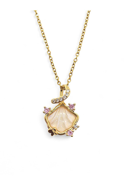 Women's Gold Color Steel Sea Shell Mussel Necklace with Pearlescent Silvery Look and Zircon Stone