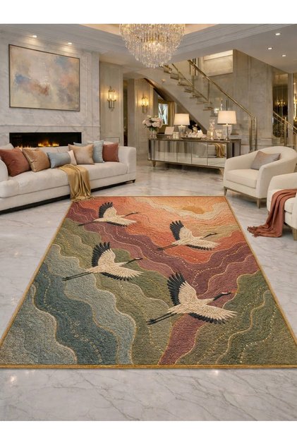 Sdt Sunset Crane Birds Wave Pattern Orange Green Toned Woven Base Decorative Carpet Sdt1001
