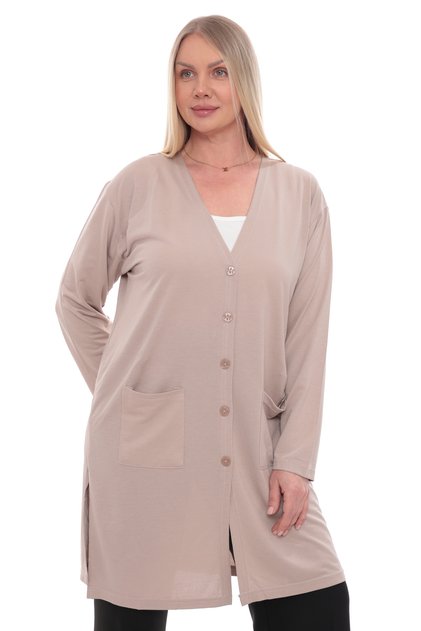 Women's Buttoned Pocketed V-Neck Casual Summer Combed Cotton Long Mother's Jacket Cardigan
