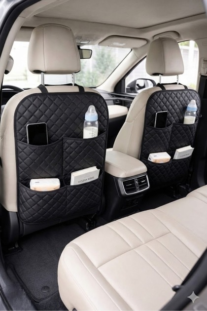 Car Seat Back Leather Organizer - Set of 2 - Black