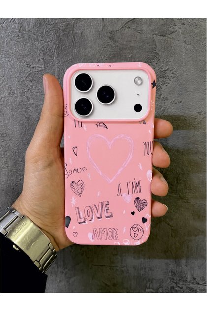 iPhone 17 Pro Compatible Heart Love Amor Patterned Pink Case
