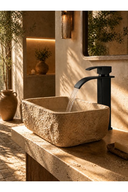 Mat Siyah Lavabo Bataryası Çanak Lavabo Uyumlu – Şelale Akışlı Modern Banyo Musluğu | Yüksek Tip Çift Su Premium Musluk