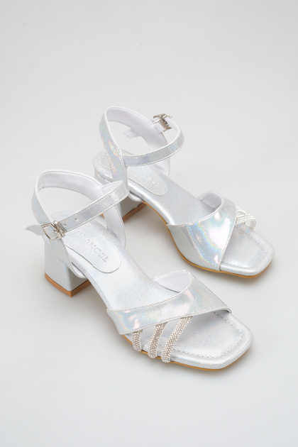 Silver Evening Dress with Stone Detail Comfortable Girls' Evening Dress with Stone Detail Silver Girls' Heeled Shoes