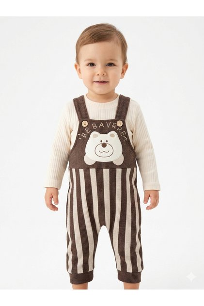 Baby Boy Brown Striped Salopet Set - 6-24 Months Cotton Ribbed Set of 2