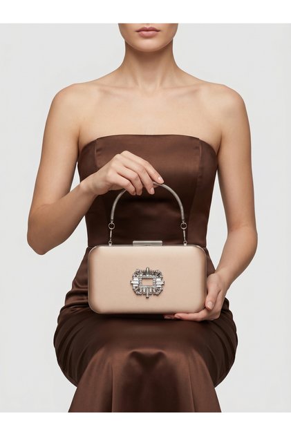 Beige Color Z.A.R.A. Satin Crystal Stone Embroidered Chain Women's Evening Dress Bag Wedding Engagement Graduation