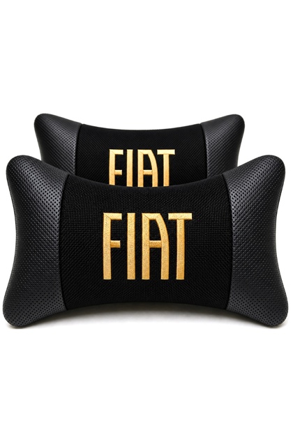 Fiat Logolu Boyun Yastığı 2’li Set Siyah Keten Kumaş Nakışlı Oto Koltuk Baş Destek Yastığı
