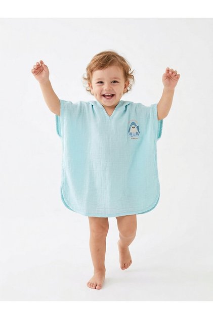 Muslin Organic Seahorse Detailed Baby Boy Bathrobe, Standard Size, Suitable for 1-5 Years Old