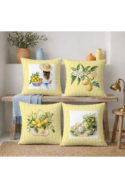 Set of 4 Suede Cushion Covers with Yellow Stripes, Lemon Flowers and Figures, 43X43 cm