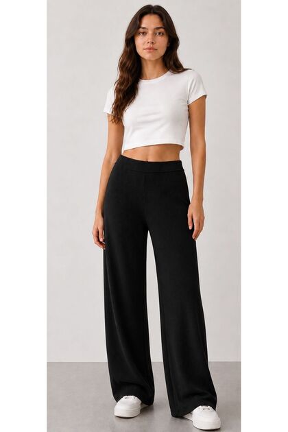 Women's Ribbed Look Comfortable Fit Wide Leg Trousers