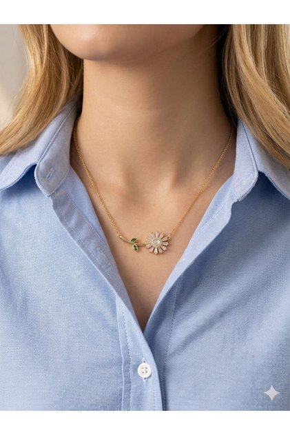 316L Stainless Steel Daisy Pendant with Zircon Stone Gold Color Women's Necklace
