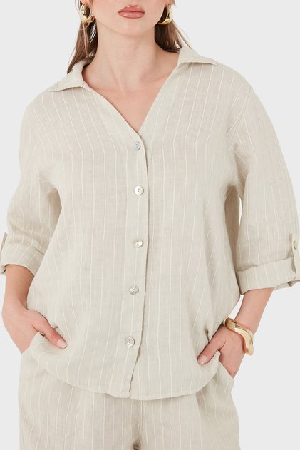 Striped Relaxed Fit Long Sleeve Linen Shirt Shirt 6684Rn