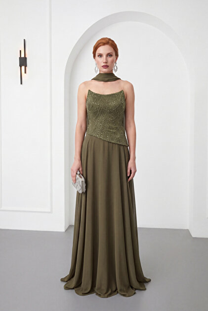 Lafaba Women's Khaki Shawl Collar Beaded Long Promise Engagement Evening  Dress- Trendyol