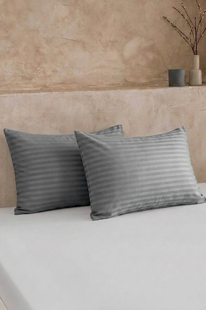 Set of 2 Cotton Satin Striped Pillowcases - 83 Thread Count (210 Tc) Anthracite 50X70