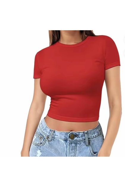 New Season Round Neck Solid Color 100% Cotton Slim Fit Women's Crop T-Shirt