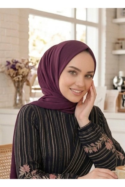 Practical Ready-To-Wear Hijab Shawl with Snap Fasteners, Plum Color.
