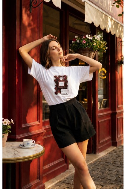 White Oversize Cherry Printed Crew Neck Basic Short Sleeve Women's T-Shirt