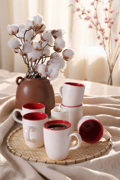 Mat Beyaz / Kırmızı Bulut Kupa 9 Cm 6 Adet