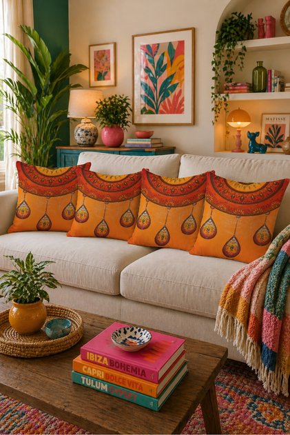 Orange Bohemian Authentic Patterned 4-Piece Throw Pillow Cover 43X43 Double-Sided Printed