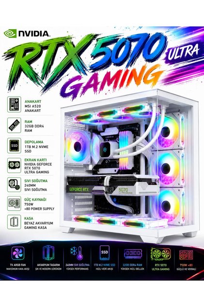 Penta W57 Ryzen 7 5700X | 32GB Ram | 1TB M.2 SSD | RTX5070 12GB | Sıvı Soğutmalı Beyaz Masaüstü Oyun Bilgisayarı