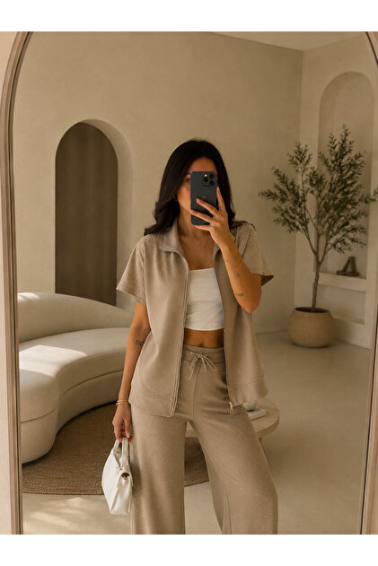 Women's Zippered Bol-Pocket Stone Embroidered Zero Sleeve Bottom/Top Set