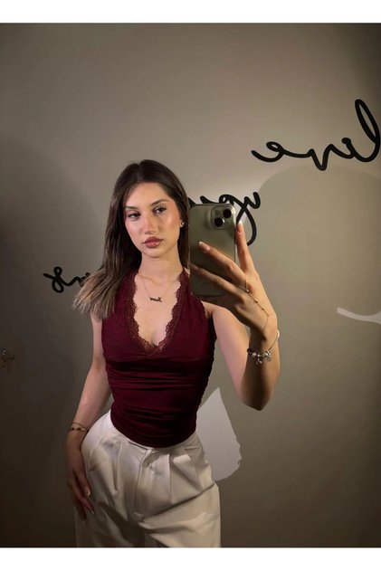 Bordo Dantelli V Yaka Gothic Boyun Bağlamalı Full Body Crop